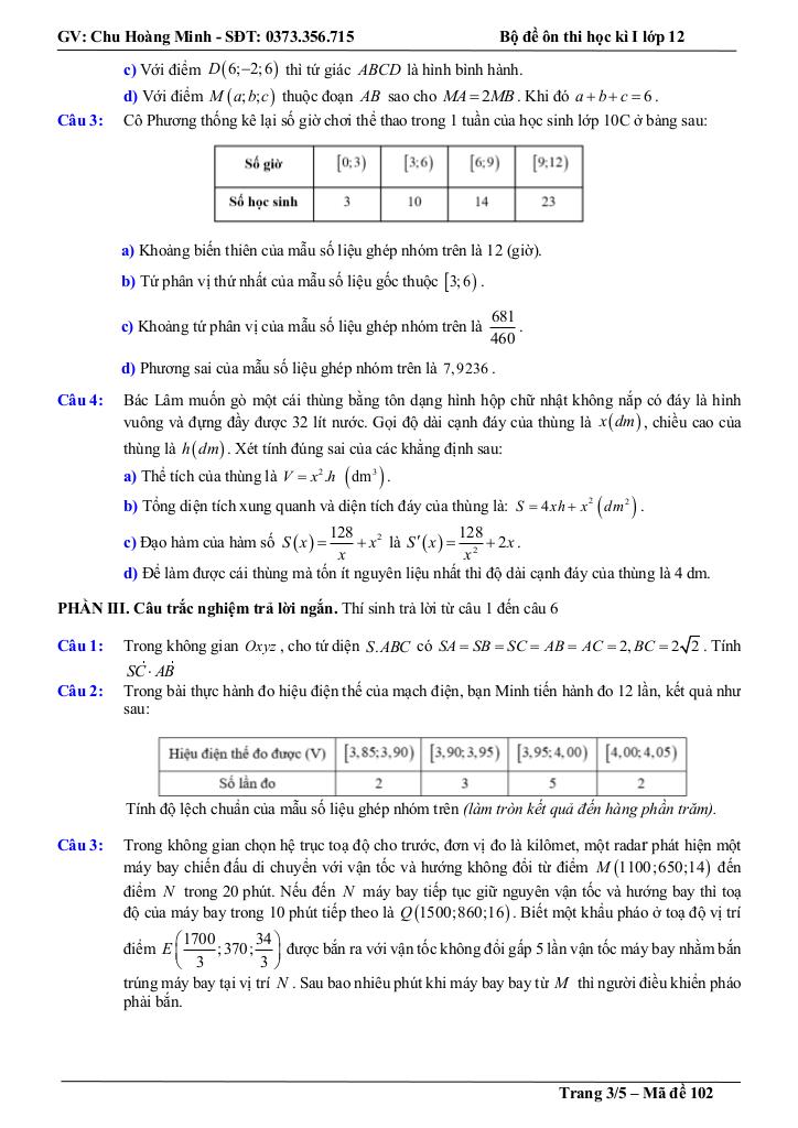 bộ đề thi thử cuối học kì 1 toán 12 năm học 2025 – 2026 – chu hoàng minh 7