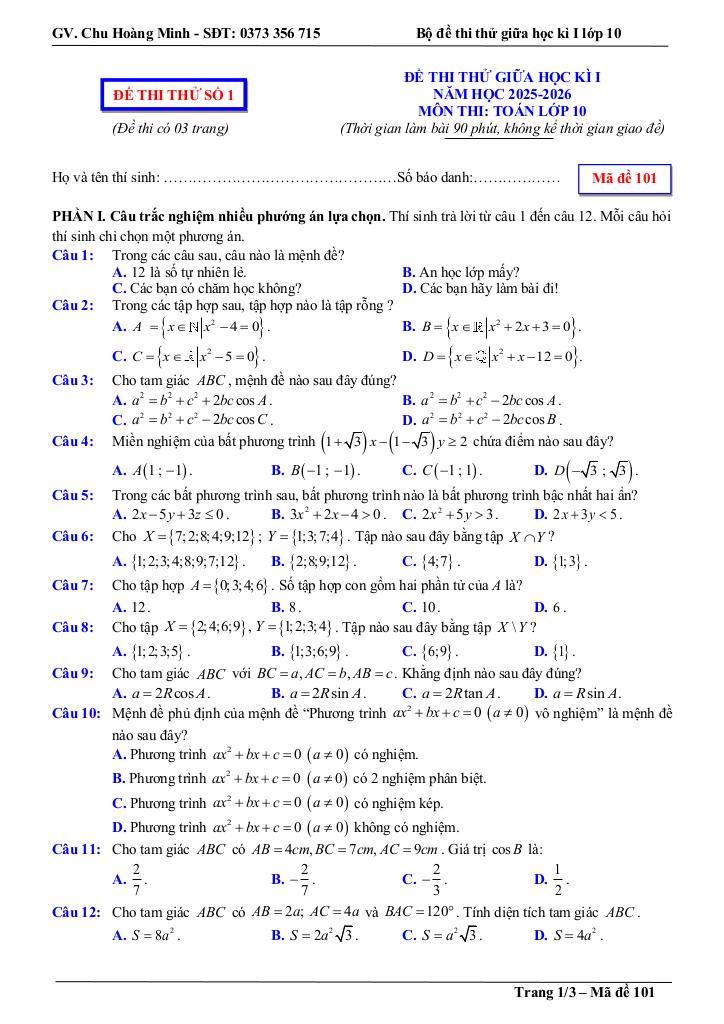bộ đề thi thử giữa học kì 1 toán 10 năm học 2025 – 2026 – chu hoàng minh 0
