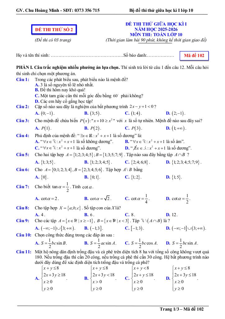 bộ đề thi thử giữa học kì 1 toán 10 năm học 2025 – 2026 – chu hoàng minh 3