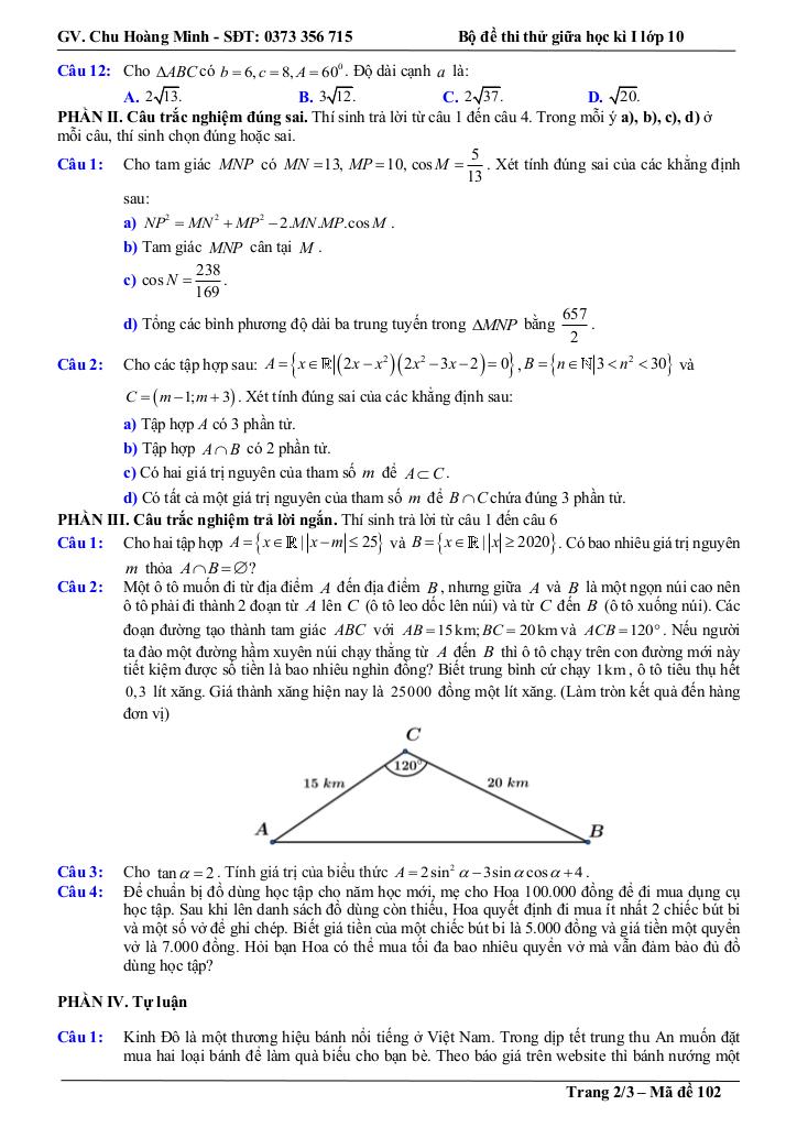 bộ đề thi thử giữa học kì 1 toán 10 năm học 2025 – 2026 – chu hoàng minh 4