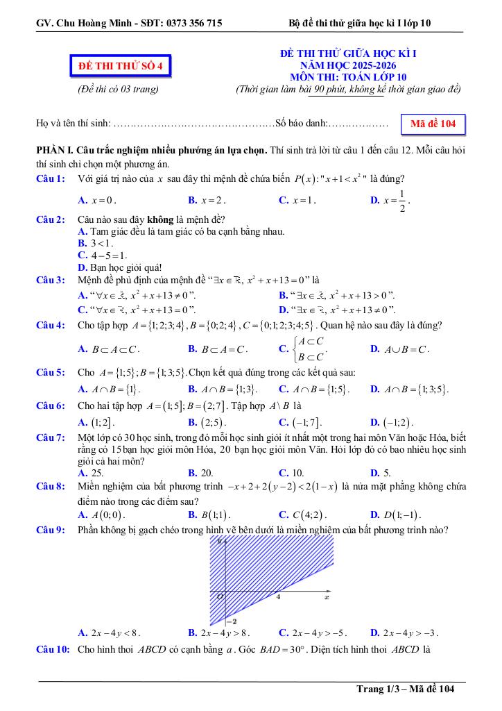 bộ đề thi thử giữa học kì 1 toán 10 năm học 2025 – 2026 – chu hoàng minh 9