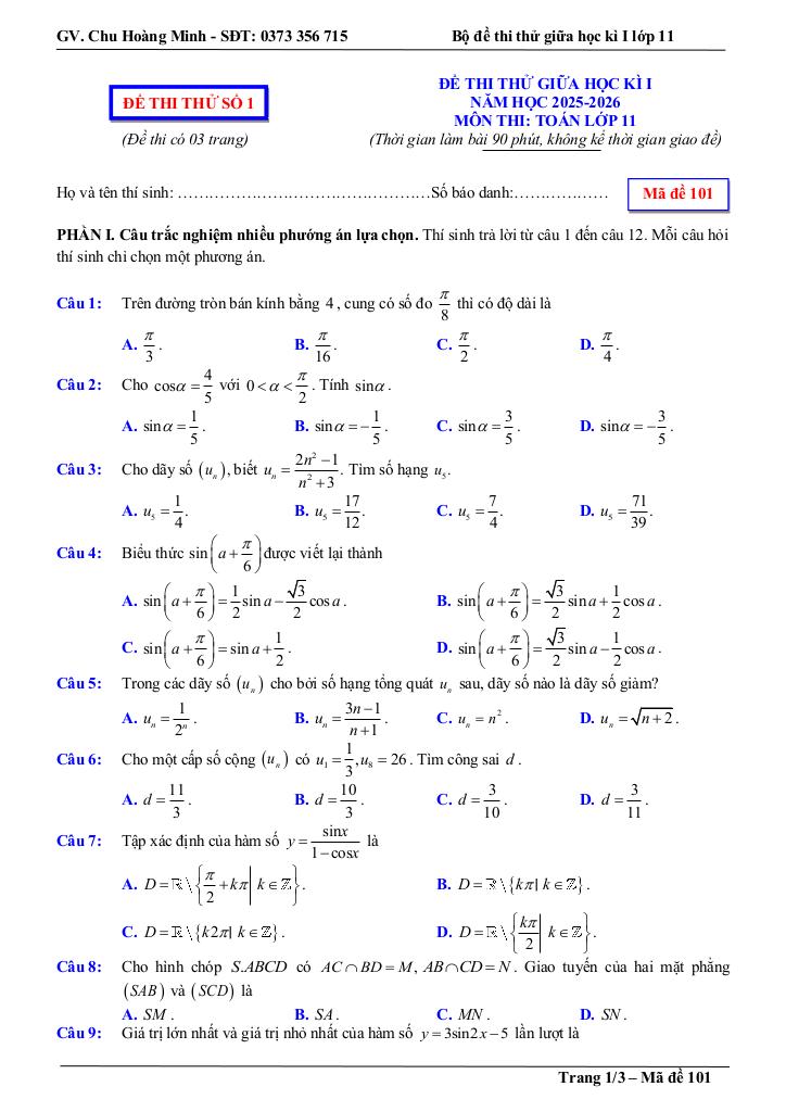 bộ đề thi thử giữa học kì 1 toán 11 năm học 2025 – 2026 – chu hoàng minh 0