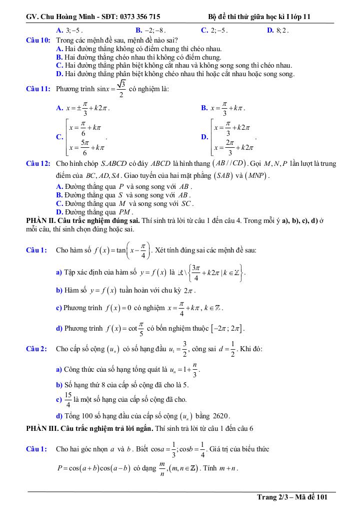 bộ đề thi thử giữa học kì 1 toán 11 năm học 2025 – 2026 – chu hoàng minh 1