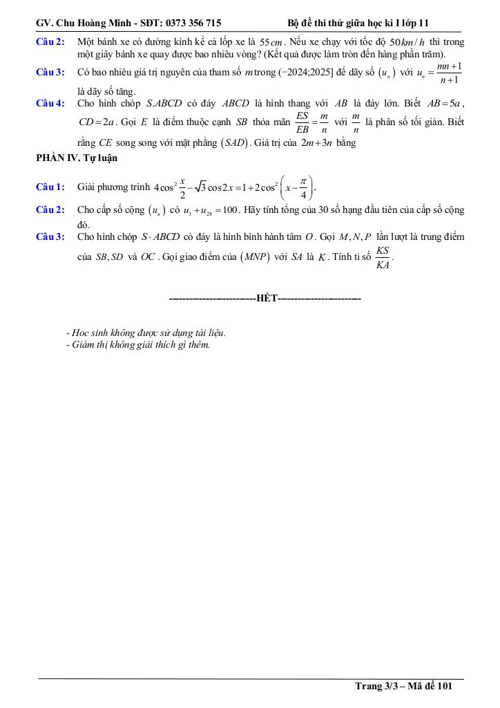 bộ đề thi thử giữa học kì 1 toán 11 năm học 2025 – 2026 – chu hoàng minh 2