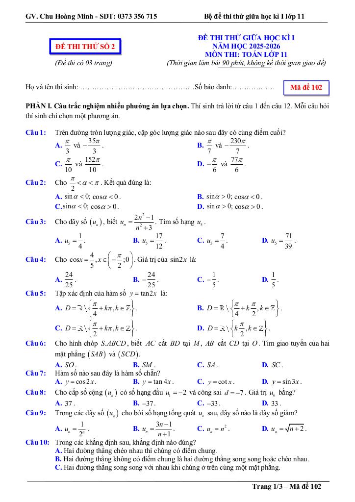 bộ đề thi thử giữa học kì 1 toán 11 năm học 2025 – 2026 – chu hoàng minh 3