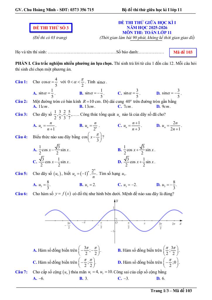bộ đề thi thử giữa học kì 1 toán 11 năm học 2025 – 2026 – chu hoàng minh 6