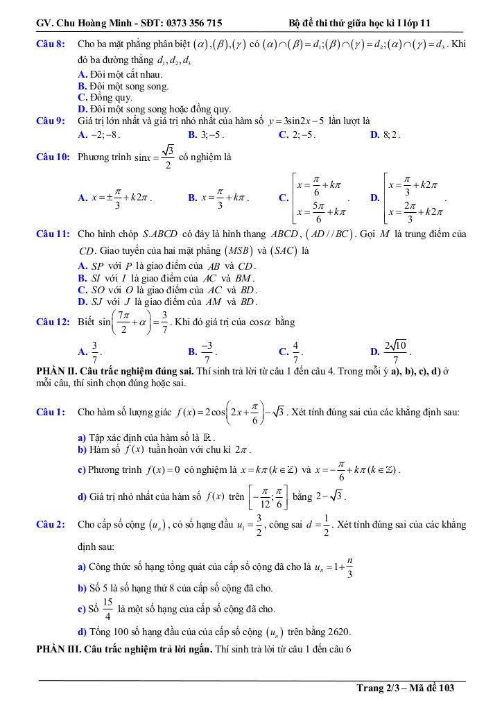bộ đề thi thử giữa học kì 1 toán 11 năm học 2025 – 2026 – chu hoàng minh 7