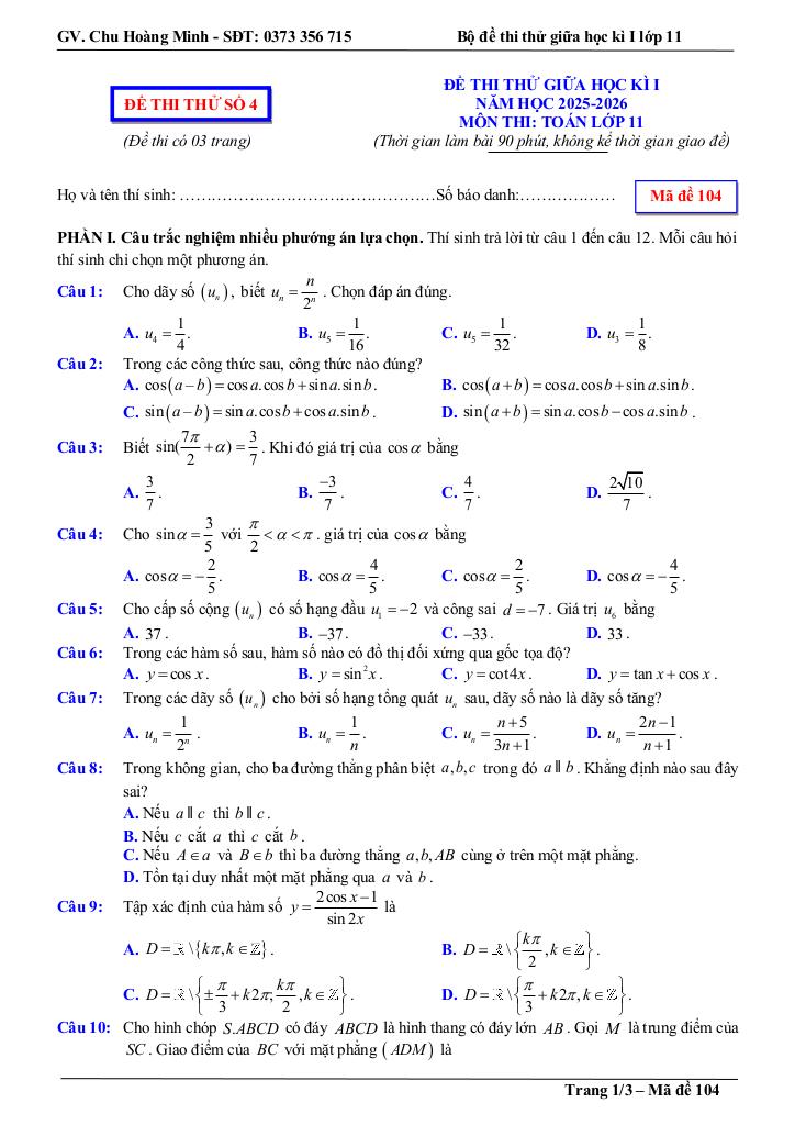 bộ đề thi thử giữa học kì 1 toán 11 năm học 2025 – 2026 – chu hoàng minh 9