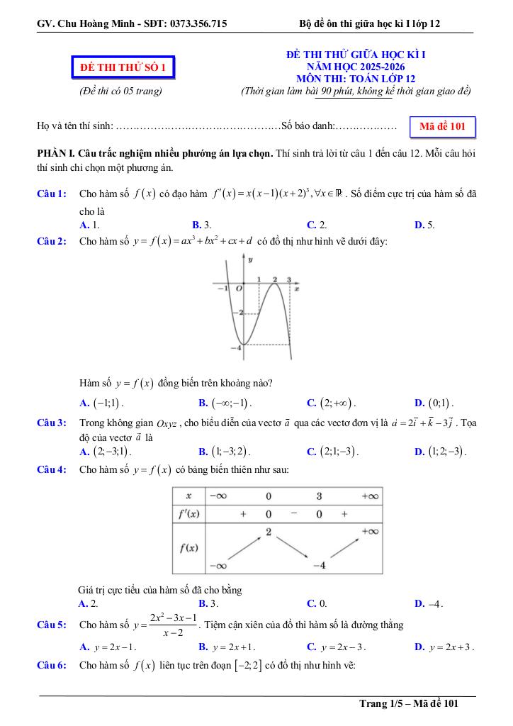 bộ đề thi thử giữa học kì 1 toán 12 năm học 2025 – 2026 – chu hoàng minh 0