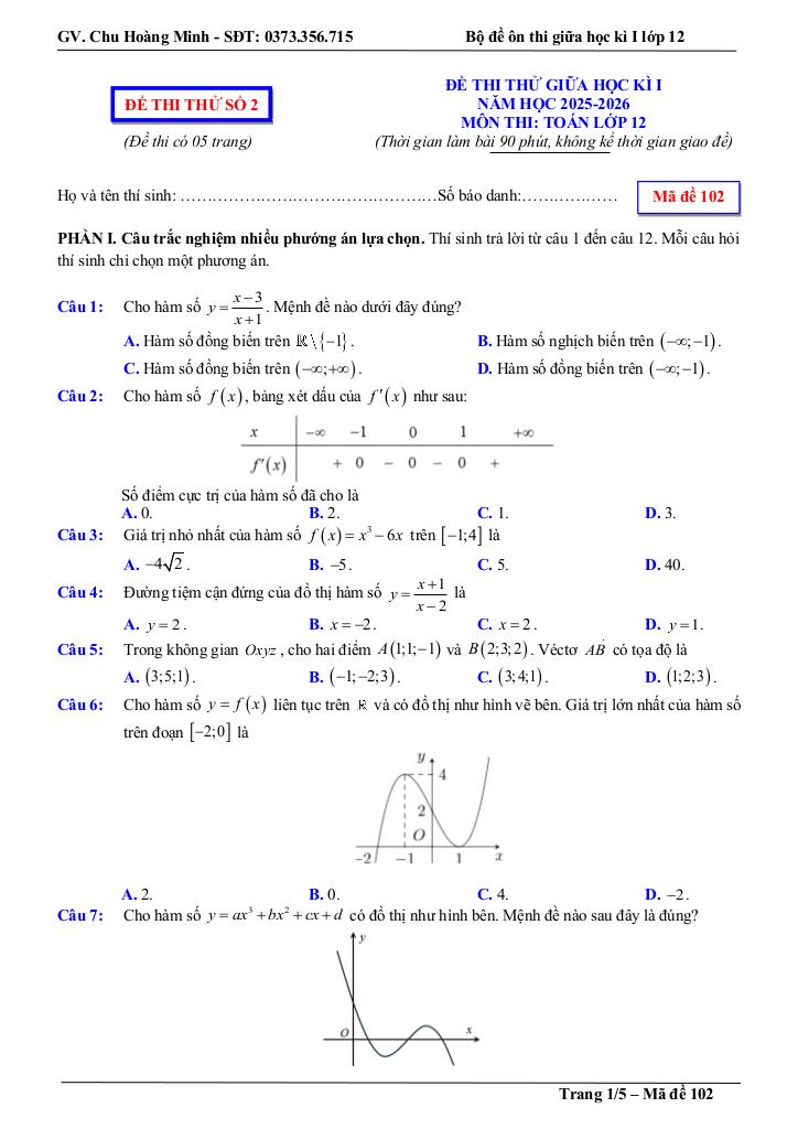 bộ đề thi thử giữa học kì 1 toán 12 năm học 2025 – 2026 – chu hoàng minh 5