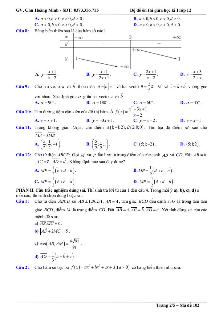bộ đề thi thử giữa học kì 1 toán 12 năm học 2025 – 2026 – chu hoàng minh 6