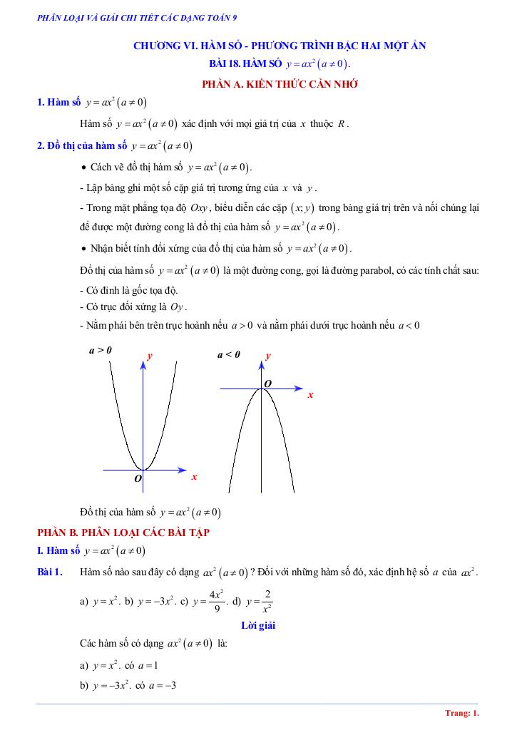 các dạng toán hàm số y = ax2 (a khác 0), phương trình bậc hai một ẩn toán 9 0