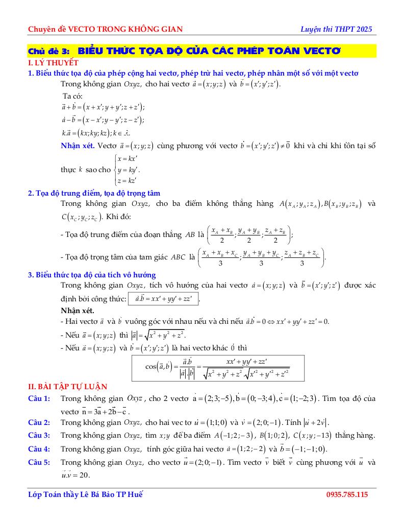 chuyên đề biểu thức tọa độ các phép toán vectơ toán 12 định hướng cấu trúc mới 1