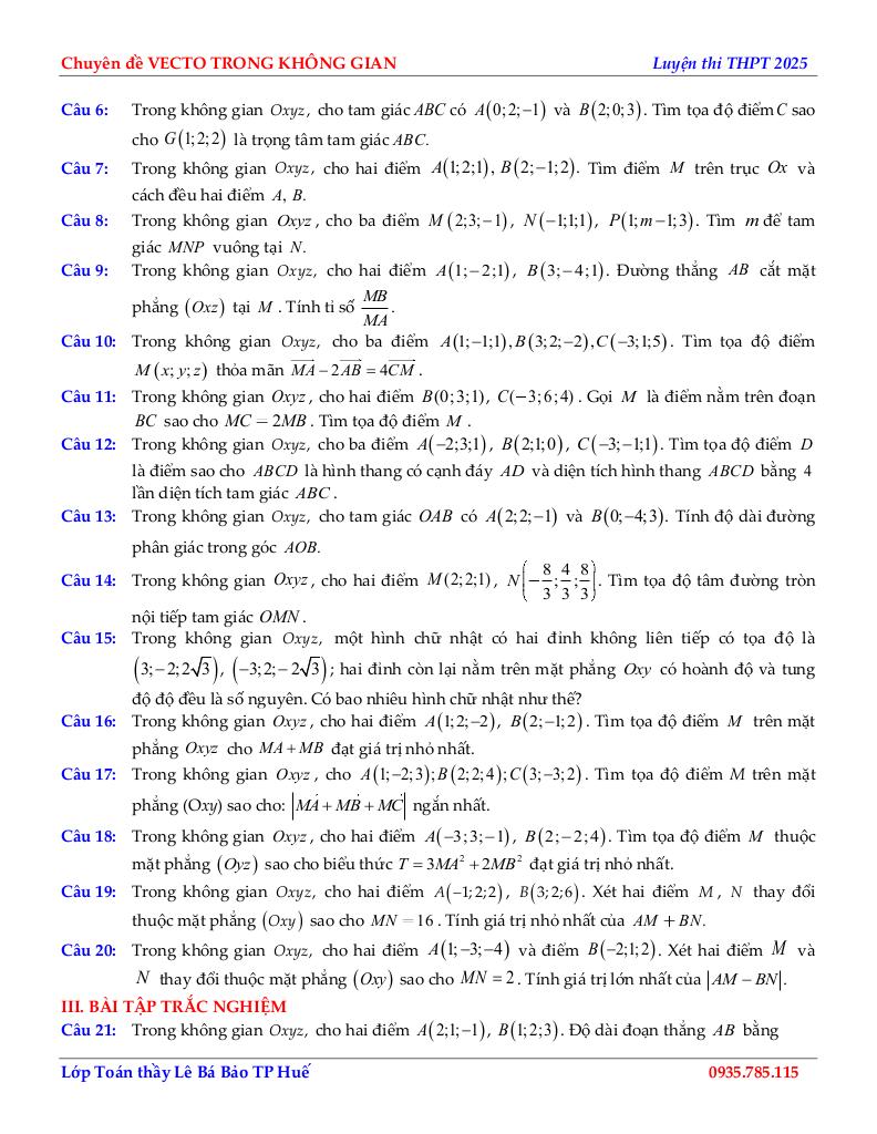 chuyên đề biểu thức tọa độ các phép toán vectơ toán 12 định hướng cấu trúc mới 2
