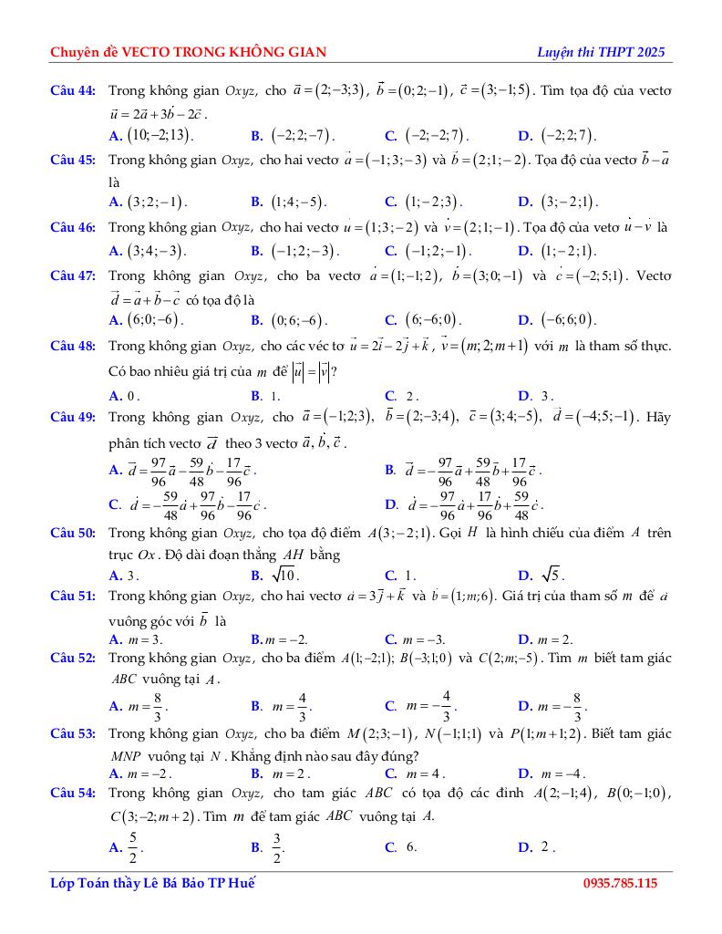 chuyên đề biểu thức tọa độ các phép toán vectơ toán 12 định hướng cấu trúc mới 5