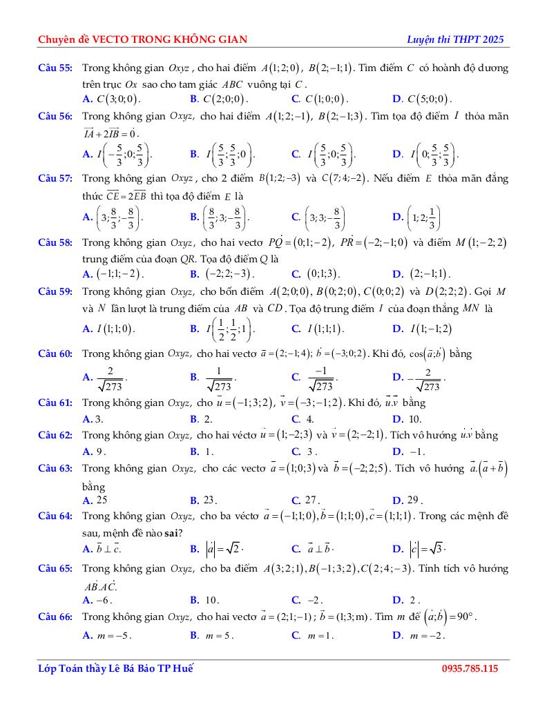 chuyên đề biểu thức tọa độ các phép toán vectơ toán 12 định hướng cấu trúc mới 6