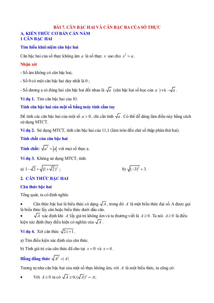chuyên đề căn bậc hai và căn bậc ba toán 9 knttvcs 0