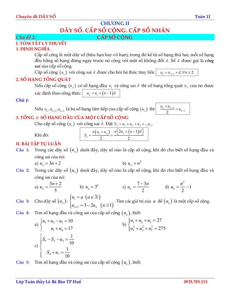 chuyên đề cấp số cộng môn toán 11 định hướng cấu trúc mới 1