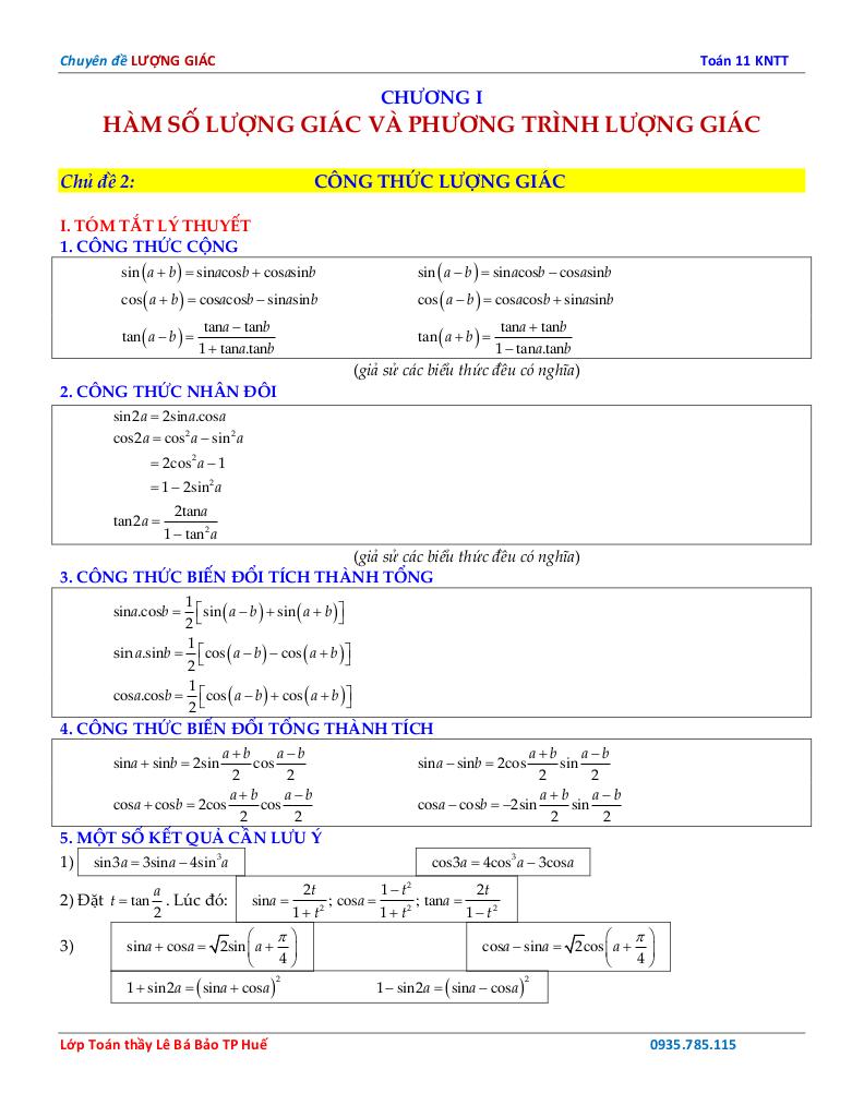 chuyên đề công thức lượng giác môn toán 11 định hướng cấu trúc mới 1
