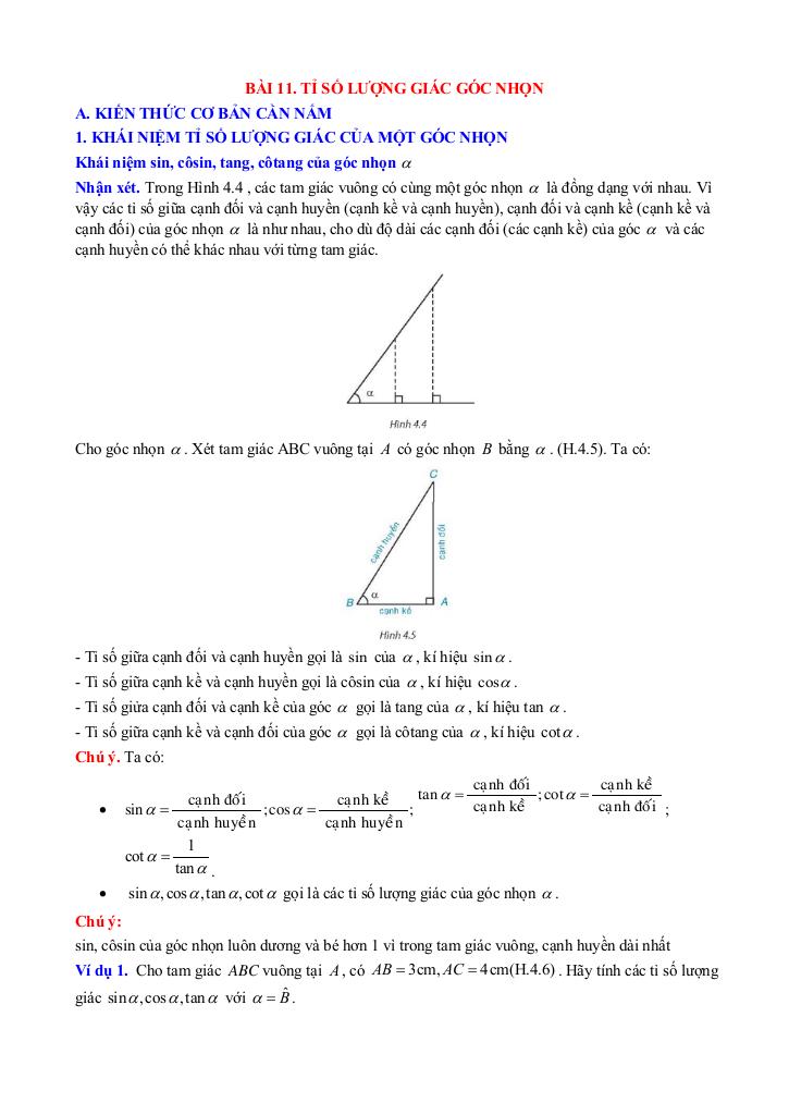 chuyên đề hệ thức lượng trong tam giác vuông toán 9 knttvcs 0