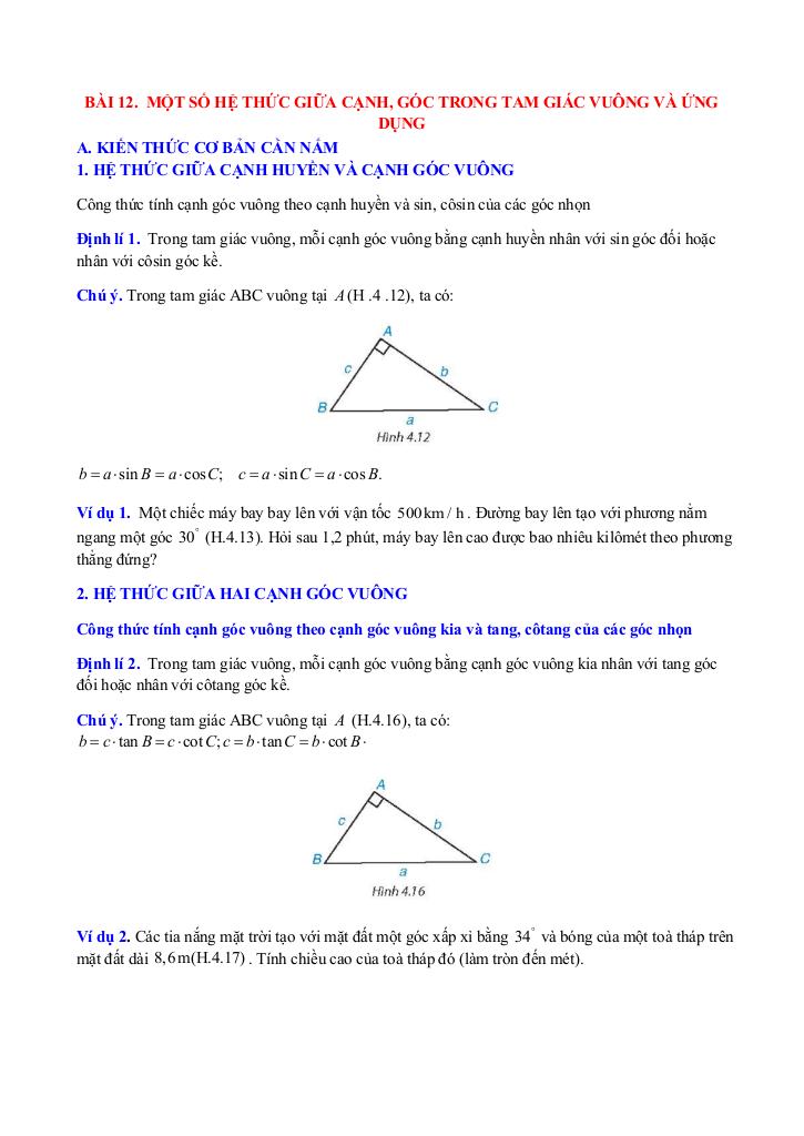 chuyên đề hệ thức lượng trong tam giác vuông toán 9 knttvcs 7