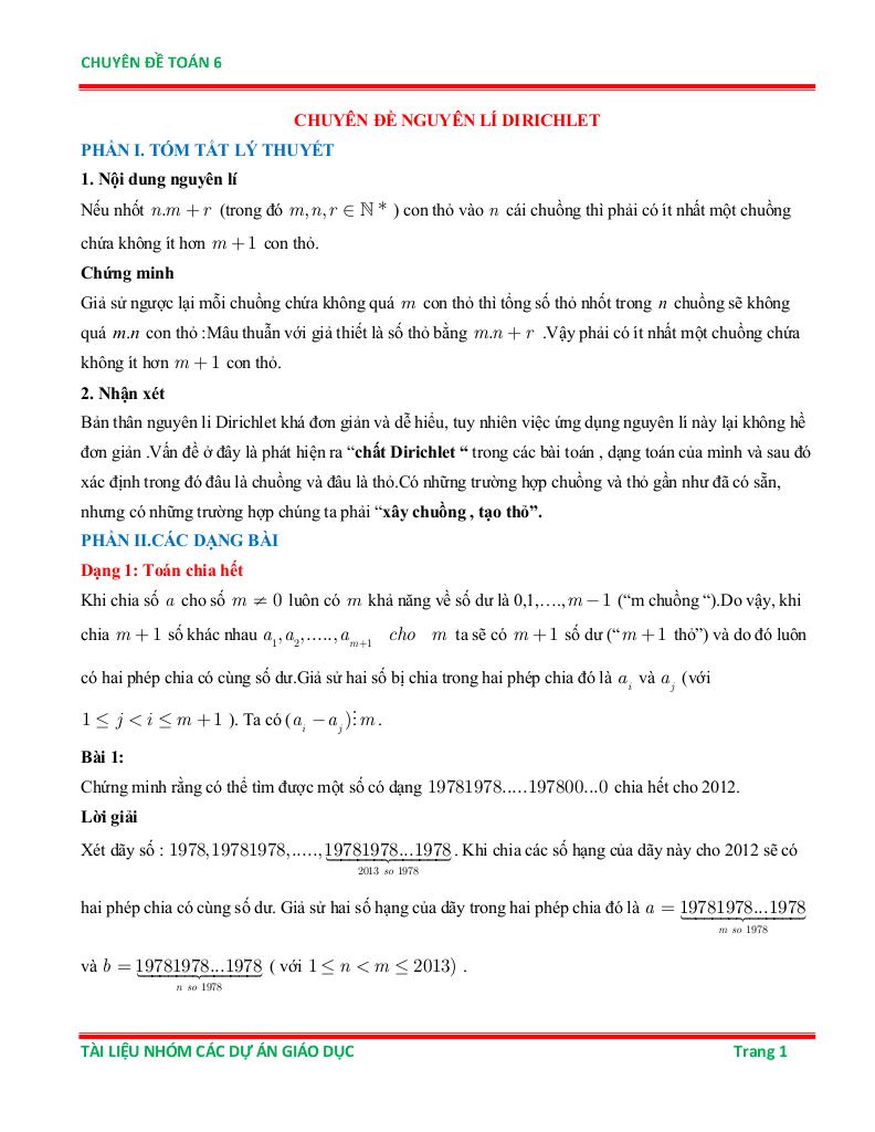 chuyên đề nguyên lí dirichlet ôn thi học sinh giỏi toán 6 0