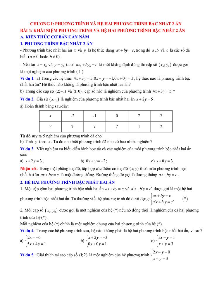 chuyên đề phương trình và hệ hai phương trình bậc nhất hai ẩn toán 9 knttvcs 0