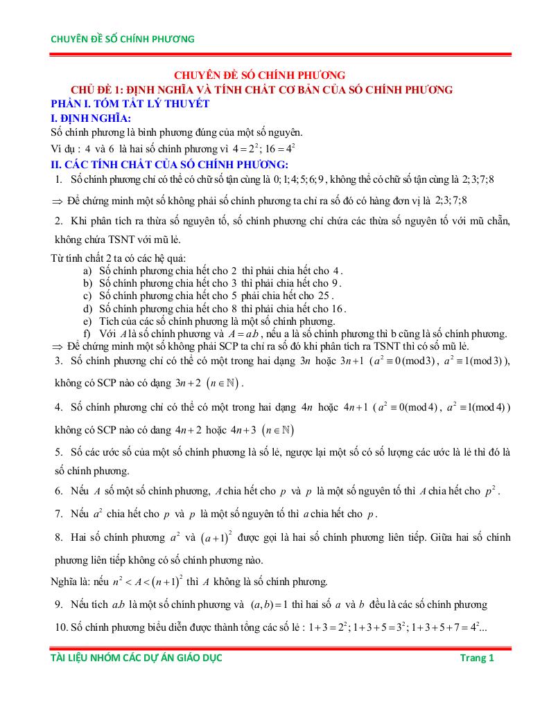 chuyên đề số chính phương ôn thi học sinh giỏi toán 6 0
