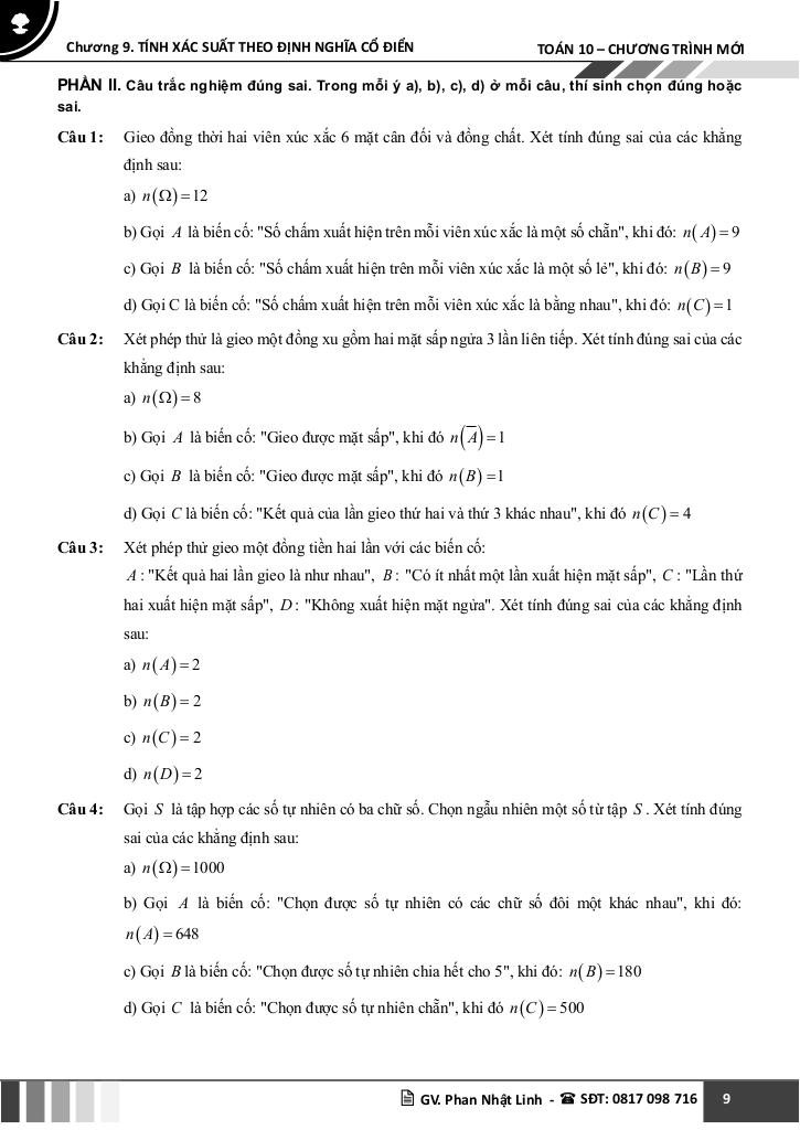 chuyên đề tính xác suất theo định nghĩa cổ điển toán 10 chương trình mới 8