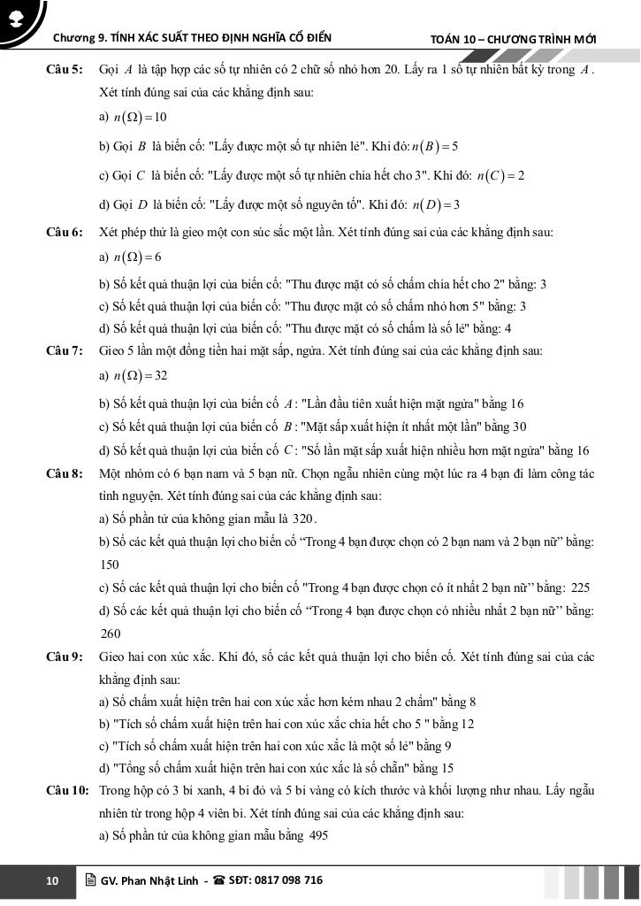 chuyên đề tính xác suất theo định nghĩa cổ điển toán 10 chương trình mới 9