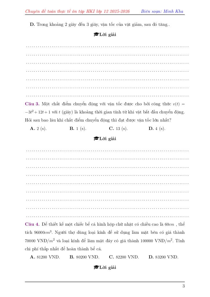 chuyên đề toán thực tế ôn tập học kì 1 toán 12 – lê minh kha 3