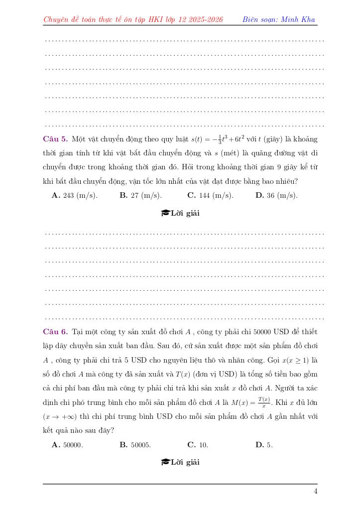 chuyên đề toán thực tế ôn tập học kì 1 toán 12 – lê minh kha 4