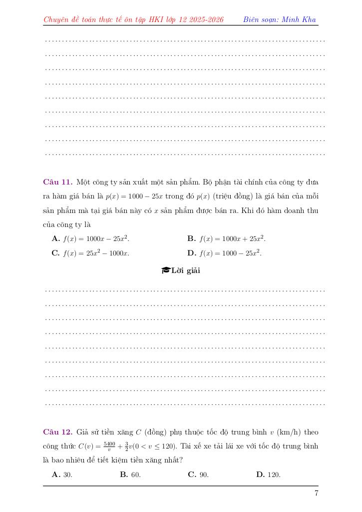chuyên đề toán thực tế ôn tập học kì 1 toán 12 – lê minh kha 7
