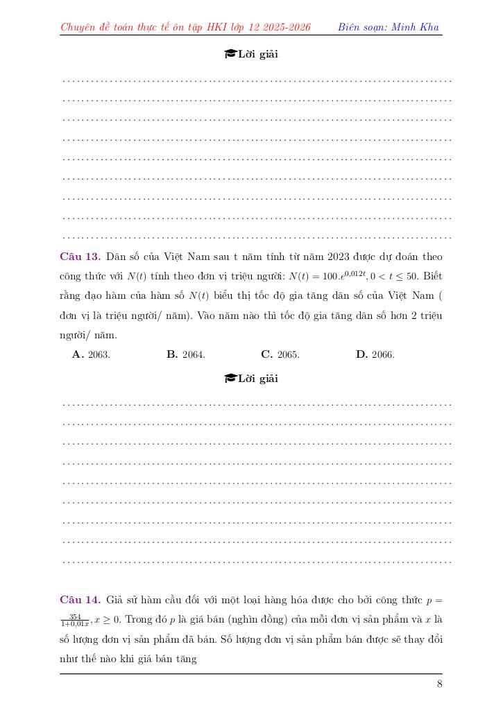 chuyên đề toán thực tế ôn tập học kì 1 toán 12 – lê minh kha 8
