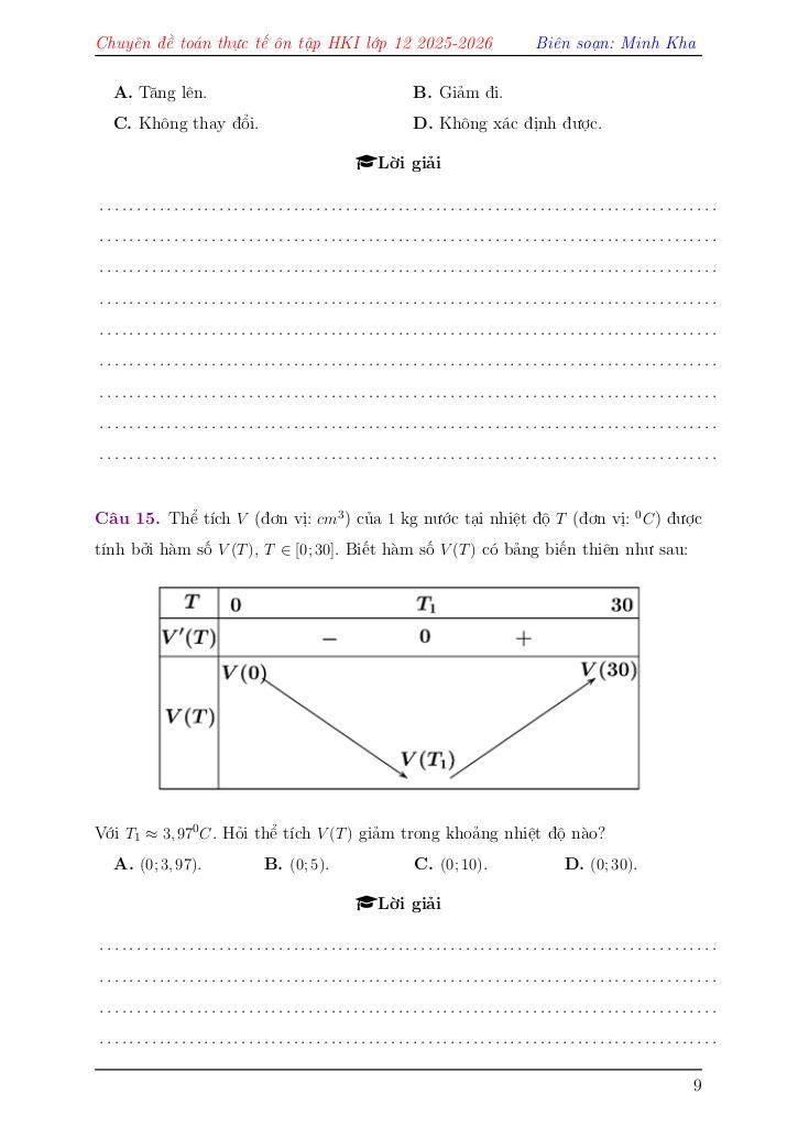 chuyên đề toán thực tế ôn tập học kì 1 toán 12 – lê minh kha 9