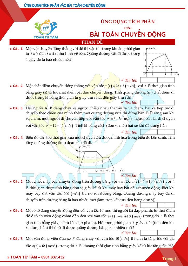 chuyên đề trả lời ngắn ứng dụng tích phân vào bài toán chuyển động 1