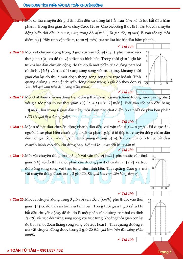 chuyên đề trả lời ngắn ứng dụng tích phân vào bài toán chuyển động 3