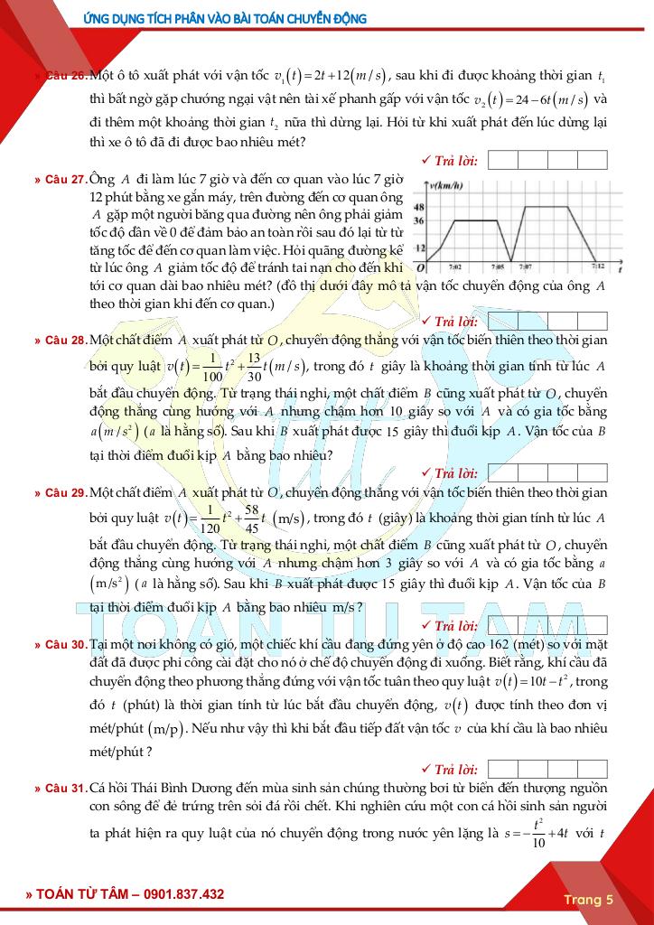 chuyên đề trả lời ngắn ứng dụng tích phân vào bài toán chuyển động 5