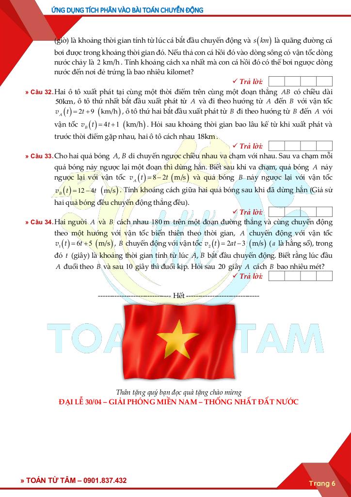 chuyên đề trả lời ngắn ứng dụng tích phân vào bài toán chuyển động 6