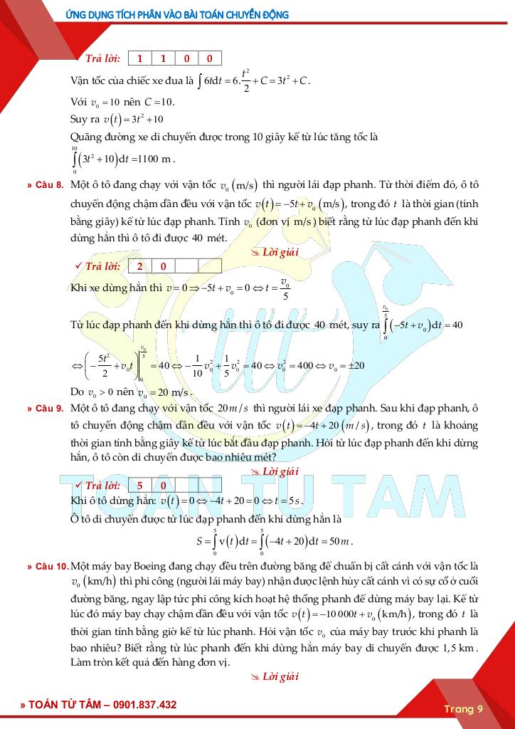 chuyên đề trả lời ngắn ứng dụng tích phân vào bài toán chuyển động 9