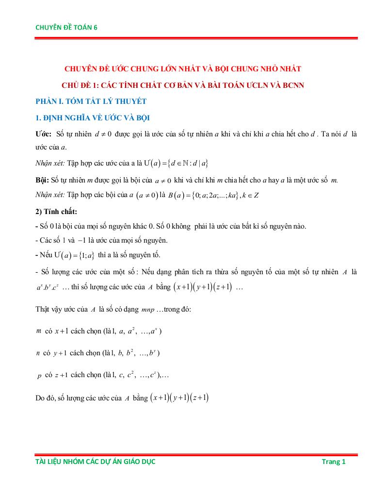 chuyên đề ước chung lớn nhất và bội chung nhỏ nhất ôn thi học sinh giỏi toán 6 0