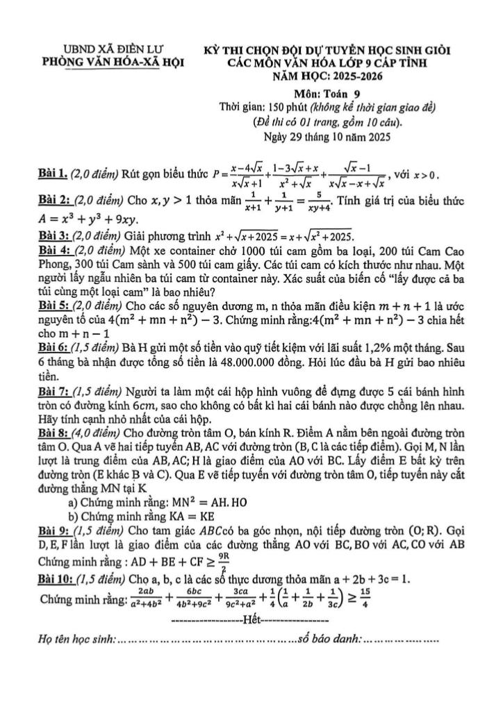 đề chọn đội dự tuyển hsg toán 9 năm 2025 – 2026 xã điền lư – thanh hóa 0
