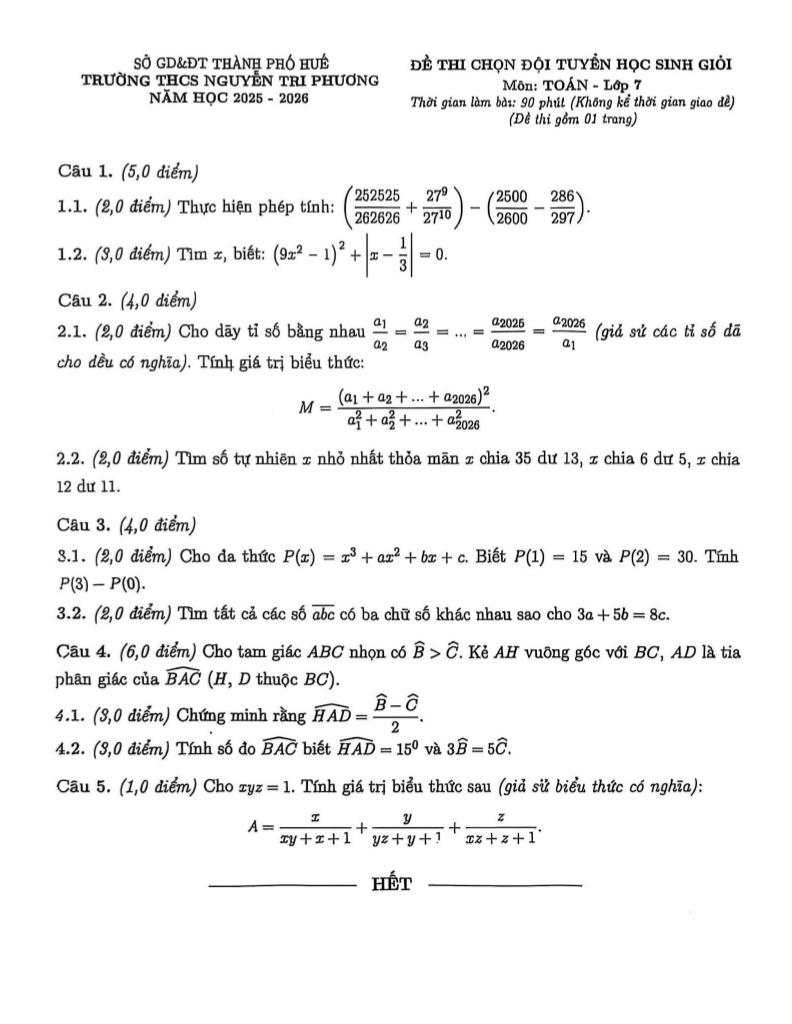 đề chọn đội tuyển hsg toán 7 năm 2025 – 2026 trường thcs nguyễn tri phương – huế - hình 1