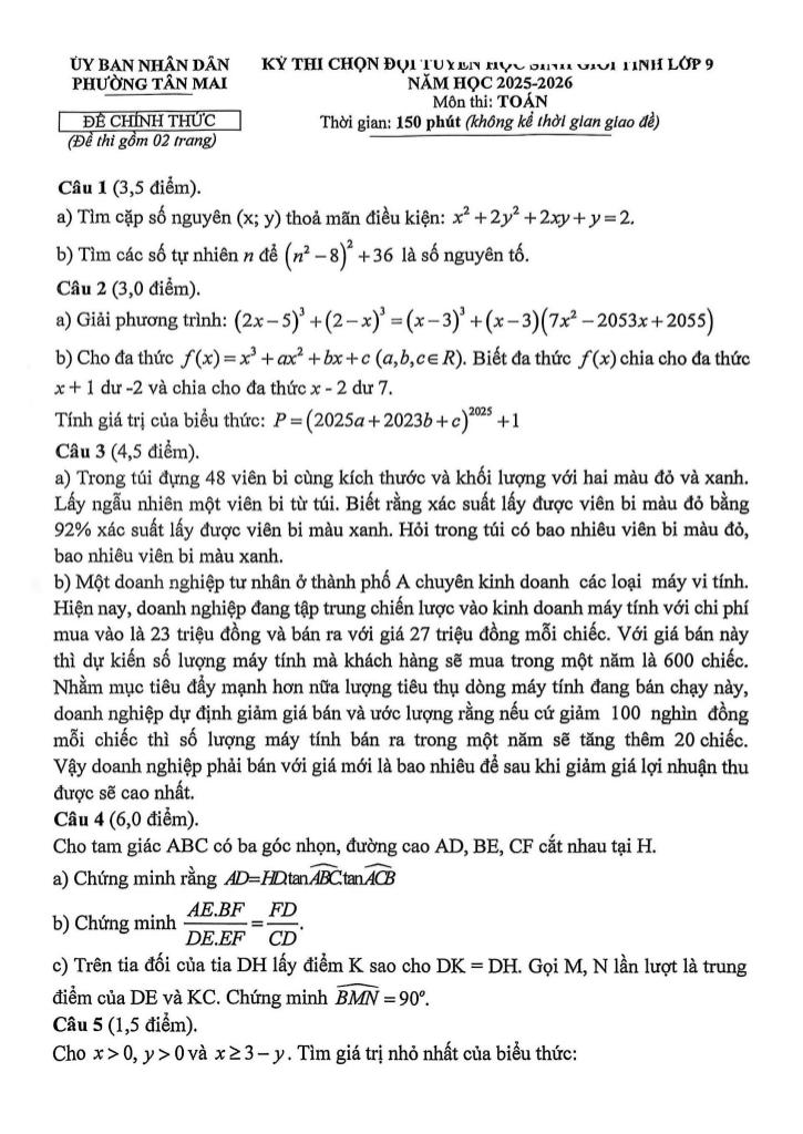 đề chọn đội tuyển hsg toán 9 năm 2025 – 2026 phường tân mai – nghệ an 0
