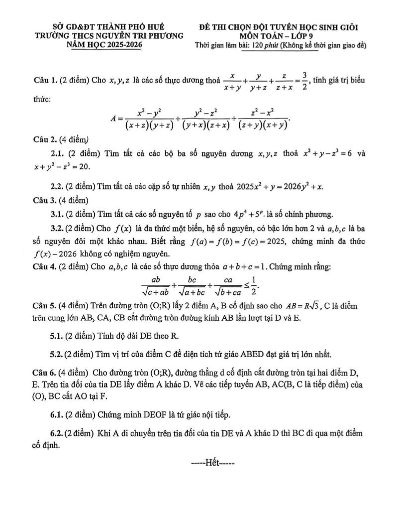 đề chọn đội tuyển hsg toán 9 năm 2025 – 2026 trường thcs nguyễn tri phương – huế