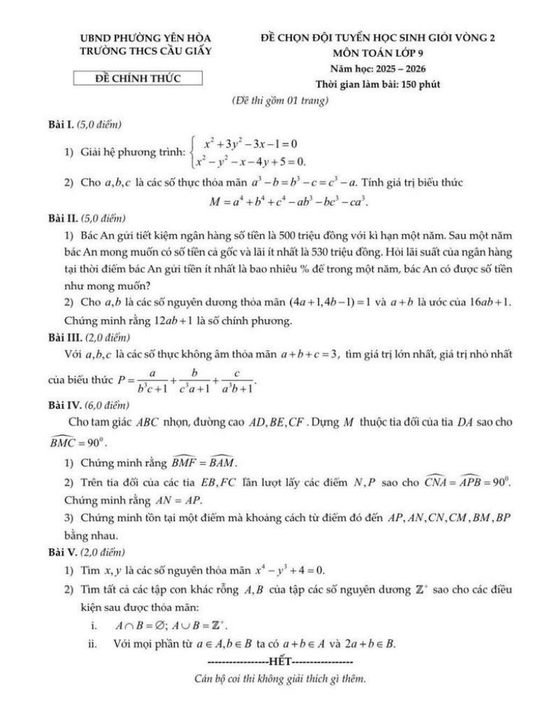 đề chọn đội tuyển hsg toán 9 vòng 2 năm 2025 – 2026 trường thcs cầu giấy – hà nội