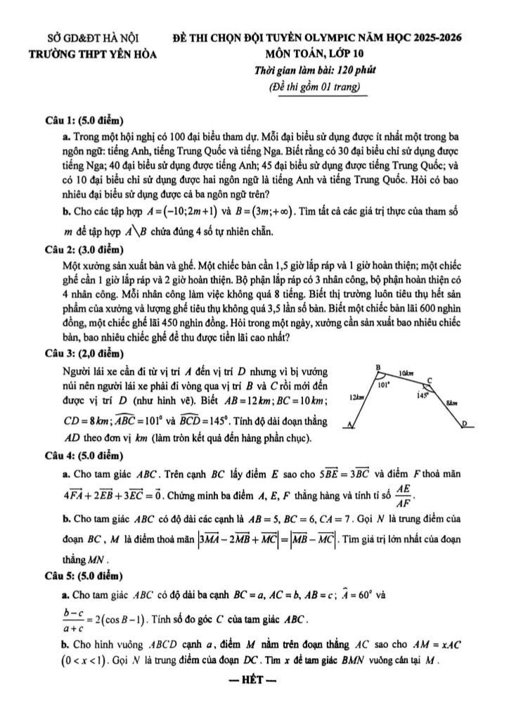 đề chọn đội tuyển olympic toán 10 năm 2025 – 2026 trường thpt yên hòa – hà nội