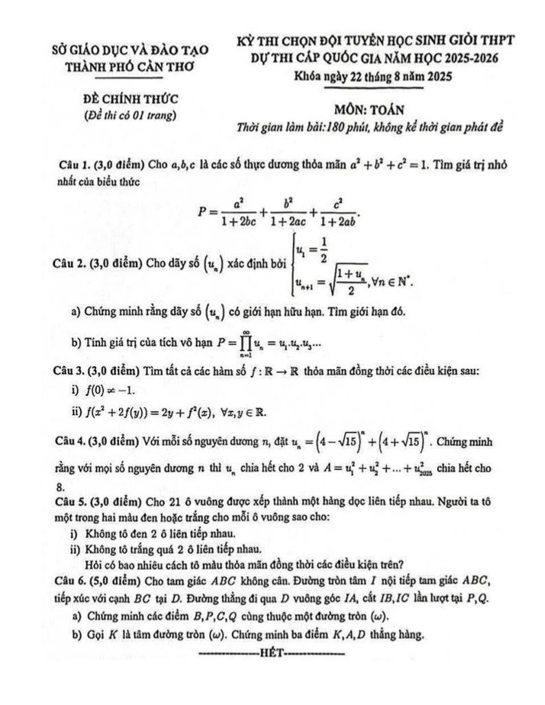 đề chọn đội tuyển thi hsg qg môn toán thpt năm 2025 – 2026 sở gd&đt cần thơ