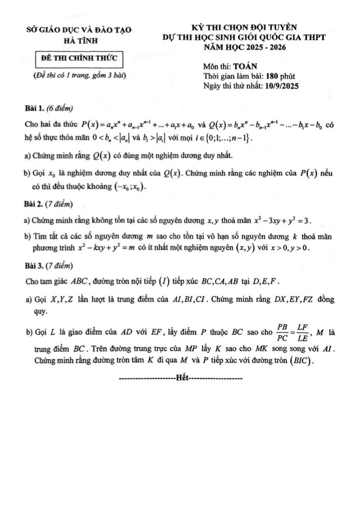 đề chọn đội tuyển thi hsg qg môn toán thpt năm 2025 – 2026 sở gd&đt hà tĩnh 0