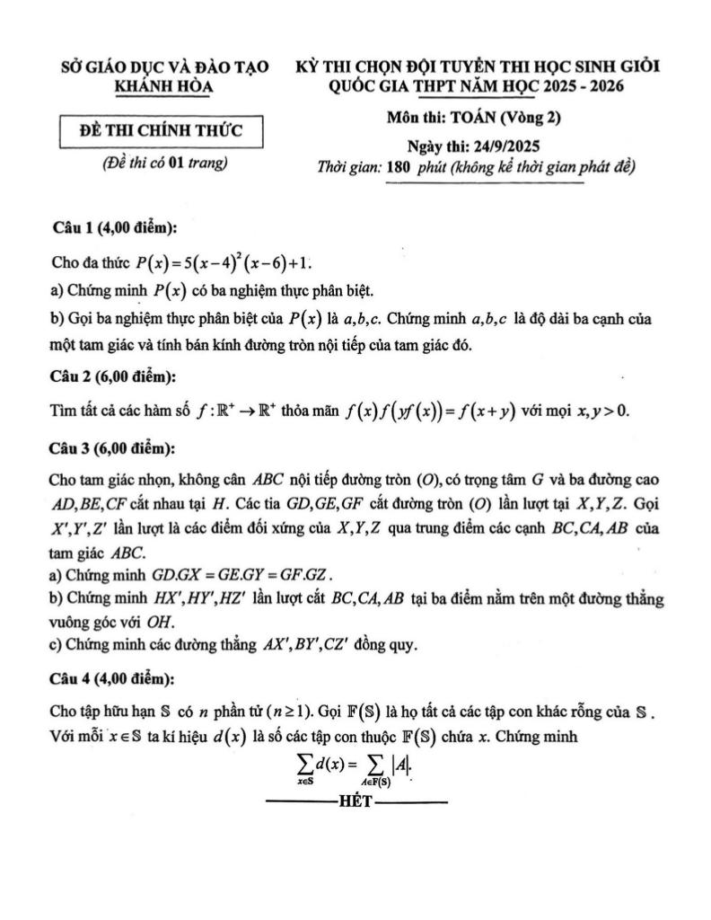đề chọn đội tuyển thi hsg qg môn toán thpt năm 2025 – 2026 sở gd&đt khánh hòa 1